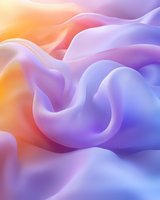 Flowing abstract waves in purple, orange and pink create soft gradient transitions with smooth curves and gentle folds for modern design backgrounds.