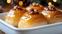 Glazed pastries topped with caramel sauce and crushed walnuts on white plate. Golden bokeh lights create warm ambiance for food photography and menu design.