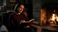 Young woman reading book by cozy fireplace in comfortable armchair at home during evening. Relaxing indoor lifestyle with warm fire and peaceful atmosphere.
