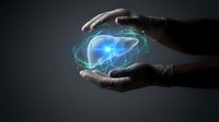 Hands protecting glowing blue brain with neural networks and digital connections on dark background for healthcare and technology concepts.
