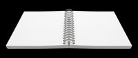 Open spiral notebook with blank white pages and metal binding, isolated on transparent background, ready for clipart, print-on-demand, t-shirt design, stickers, and sublimation projects.