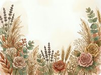 Dried flowers and wheat stems arranged in corners with roses, lavender, and eucalyptus on cream background. Isolated botanical design for invitations, greeting cards, and wedding stationery projects.