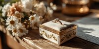 Elegant wooden jewelry box with intricate carved details on rustic table with dried flowers, perfect for luxury accessories storage and home decor.