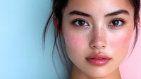 Young woman with East Asian ethnicity, fair complexion with freckles, striking blue eyes, and natural makeup. Gradient background transitioning from blue to pink. Suitable for beauty, skincare, cosmetics, and portrait photography projects.