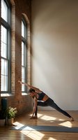 Woman practicing yoga in downward dog pose on mat in bright loft studio with brick walls and large windows, ideal for fitness, wellness and exercise content.