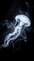 Translucent jellyfish floating gracefully in dark ocean water with flowing tentacles and sparkling bubbles creating ethereal underwater marine scene.
