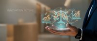 Professional holding glowing holographic scales, charts, and graphs symbolizing legal compliance, financial balance, and business innovation in corporate environment.