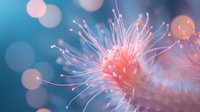 Delicate coral-pink flower stamens with glowing bokeh effect against turquoise background creates dreamy macro photography composition for nature and wellness designs.