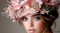 Young woman wearing pink floral crown with hellebores and delicate flowers, soft romantic makeup with blue eyes and pink lips against neutral background.