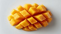 Fresh ripe mango sliced in decorative crosshatch pattern showing juicy orange flesh, tropical fruit preparation for healthy eating and culinary presentation.