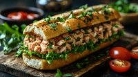 Fresh tuna salad sandwich on crusty baguette garnished with lettuce and parsley, served on rustic wooden board with cherry tomatoes and herbs.