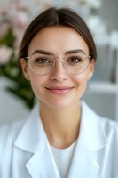 Young female medical professional wearing round glasses and white lab coat smiling warmly at camera, soft blurred background with plants.