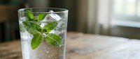 Refreshing glass of sparkling water with fresh mint leaves and ice cubes on wooden table. Cool beverage for summer hydration and healthy lifestyle.