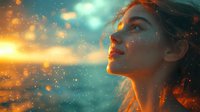 Young Asian woman with closed eyes in profile against magical sunset sky with glowing particles and dreamy bokeh lights creating ethereal atmosphere.