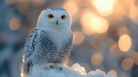 Majestic snowy owl perched on snow against blurred winter bokeh background at sunset, white and gray feathered bird in natural arctic habitat.