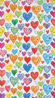 Colorful hand-drawn hearts with cute faces and expressions creating cheerful seamless pattern for Valentine's Day, love themes, and romantic designs.