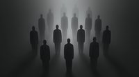 Mysterious silhouettes of standing people in fog and darkness create atmospheric horror scene with eerie backlighting effect for supernatural concept art.