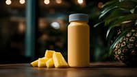 Fresh tropical smoothie in bottle with cut pineapple chunks on wooden surface against dark background with bokeh lights and green plants.