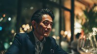 Mature Asian businessman in suit sitting at upscale restaurant table with wine glass, evening dining scene with warm ambient lighting and bokeh background.