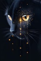Mystical black cat face with glowing yellow eyes and magical sparkles, close-up portrait against dark background. Ethereal light particles create enchanting effect.
