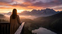 Woman with long brown hair wearing a beige dress standing on wooden railing overlooking misty mountain valley at sunrise with lake reflection below.
