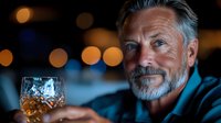 Mature bearded man with gray hair holding crystal glass with whiskey against blurred bokeh lights background, enjoying evening drink in restaurant.