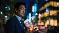 Professional Asian businessman in dark suit standing on city street at night with blurred urban lights and traffic creating atmospheric bokeh background.
