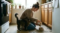 Young woman feeding tabby cat from bowl in bright modern kitchen with wooden cabinets and natural light streaming through window.