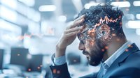 Stressed businessman with glowing data visualization overlay showing market volatility and financial crisis. Mental health in corporate environment concept.