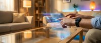 Man using smart home control tablet in modern living room with ambient lighting and connected devices for home automation technology.