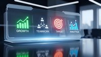 Futuristic holographic business dashboard displaying growth, teamwork, target and analytics icons in modern office environment for corporate presentations.