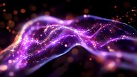 Glowing purple energy waves with sparkles and light trails flowing on dark background, abstract magical luminous motion effect for technology designs.