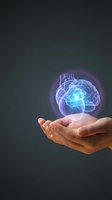 Glowing holographic brain floating above cupped hands representing artificial intelligence, mental health, neuroscience and cognitive technology concepts.