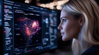 Young blonde woman data scientist analyzing visualization of particle system on digital screen with programming code interface in dark office environment.