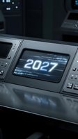 Futuristic control panel displaying 2027 on digital screen with glowing interface elements and high-tech dashboard design for sci-fi concepts.