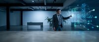 Professional businessman in suit interacting with futuristic holographic interface displaying digital network connections in modern office space.