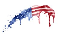 Watercolor American flag melting and dripping with paint splatters on white background. Patriotic art for Independence Day, Memorial Day designs.