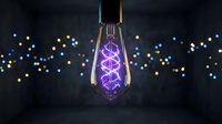 Vintage Edison bulb with purple LED filament glowing against dark background with bokeh lights for modern interior design and atmospheric lighting.