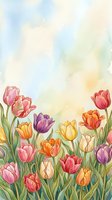 Watercolor tulips in vibrant pink, orange, purple and yellow bloom against a soft pastel sky background, perfect for spring greeting cards.