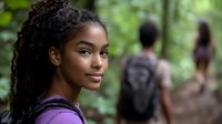 Young woman with dark skin tone and long braided hair wearing purple jacket with backpack, hiking in forest with group of people on trail in background.