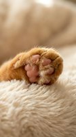 Ginger cat paw with pink pads resting on soft cream-colored fur, showing detailed fur texture and claws for pet care, veterinary, and animal wellness content.