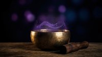Golden singing bowl with mystical purple smoke rising against cosmic starry background on wooden surface for meditation and spiritual healing practices.