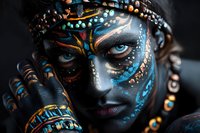 Woman with bright blue eyes wearing dramatic tribal face paint in black, turquoise and gold colors, adorned with ethnic jewelry and intricate dot patterns around eyes.