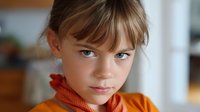 Young girl with bangs and blue eyes wearing bright orange turtleneck sweater looking directly at camera with serious expression against blurred home interior background.