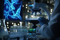 Scientist in protective equipment conducting DNA research in modern laboratory with microscope and test tubes against glowing molecular structure display.