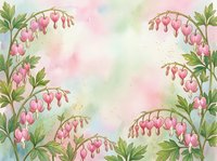 Watercolor bleeding heart flowers frame pastel pink green background with copy space for greeting cards, invitations, and spring designs.