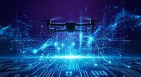 Futuristic drone hovering over digital holographic city with glowing blue data streams and cyber network connections in virtual reality space.