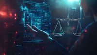 Digital scales of justice with glowing blue interface and person interacting with futuristic touchscreen, representing legal technology and cybersecurity law concept.