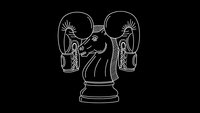 Boxing gloves and chess knight piece line art illustration on black background for sports strategy and tactical thinking concepts.