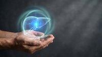 Elderly hands holding glowing liver hologram with protective shield representing healthcare, medical protection, organ health and wellness concept.
